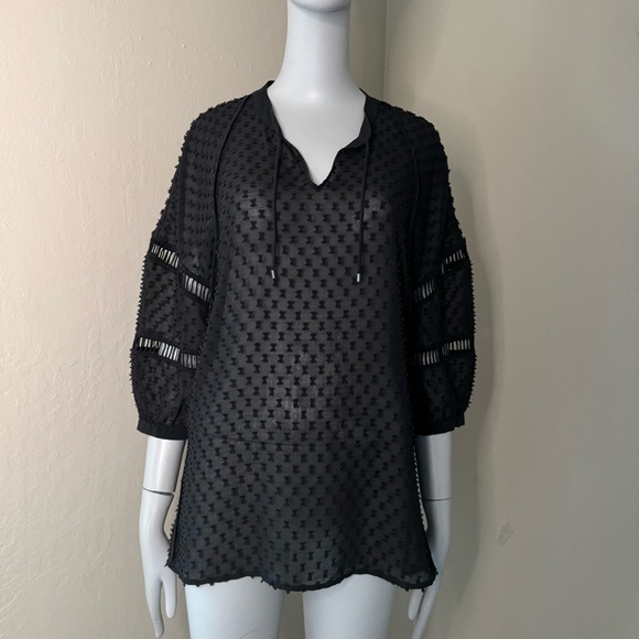 OHNE TITLE Rare Sheer Swiss Dot Loose Fit Black Blouse Tie Neck 3/4 Sleeves Sz 6 - Picture 3 of 15